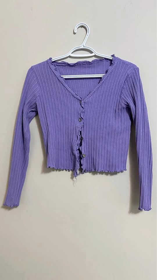 Purple Ribbed Long Sleeve Cropped Cardigan
