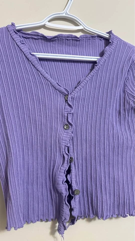 Purple Ribbed Long Sleeve Cropped Cardigan - photo 2