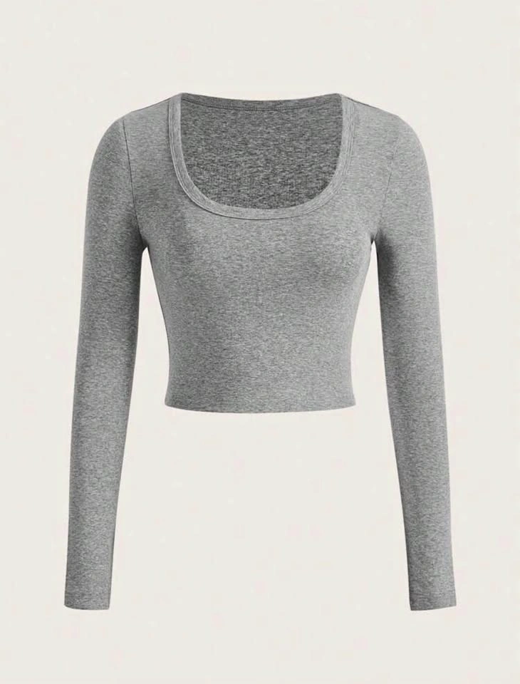 Grey Scoop Neck Long Sleeve Crop Top