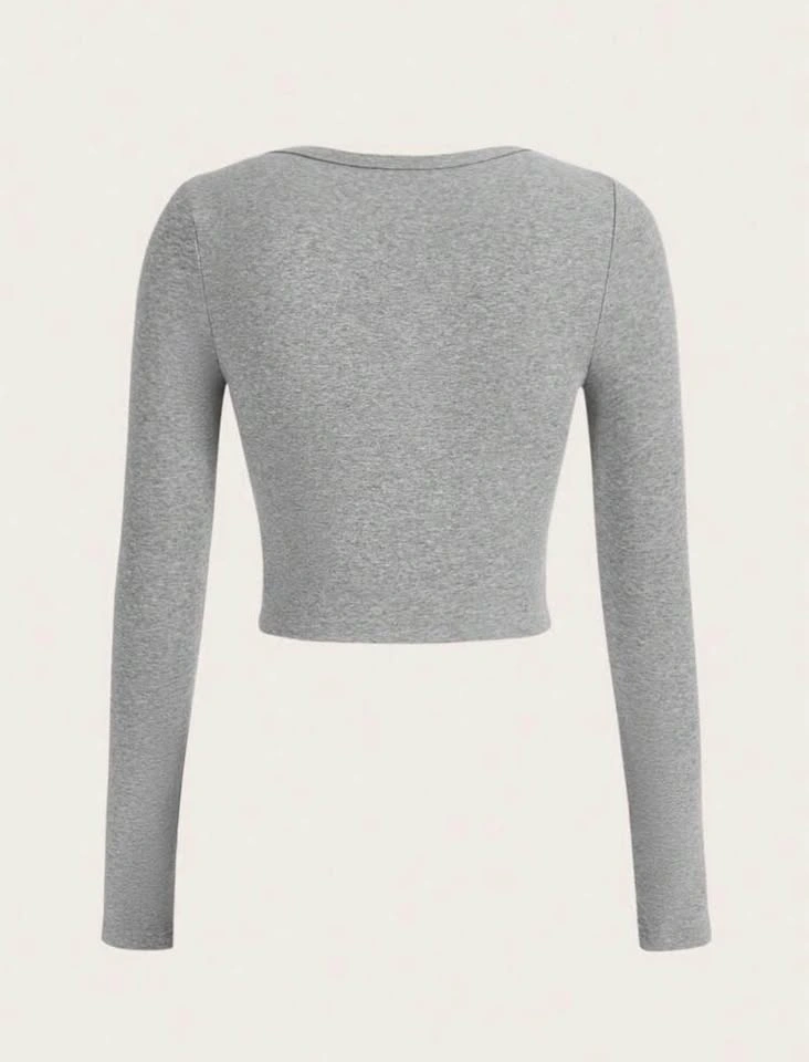 Grey Scoop Neck Long Sleeve Crop Top - photo 2