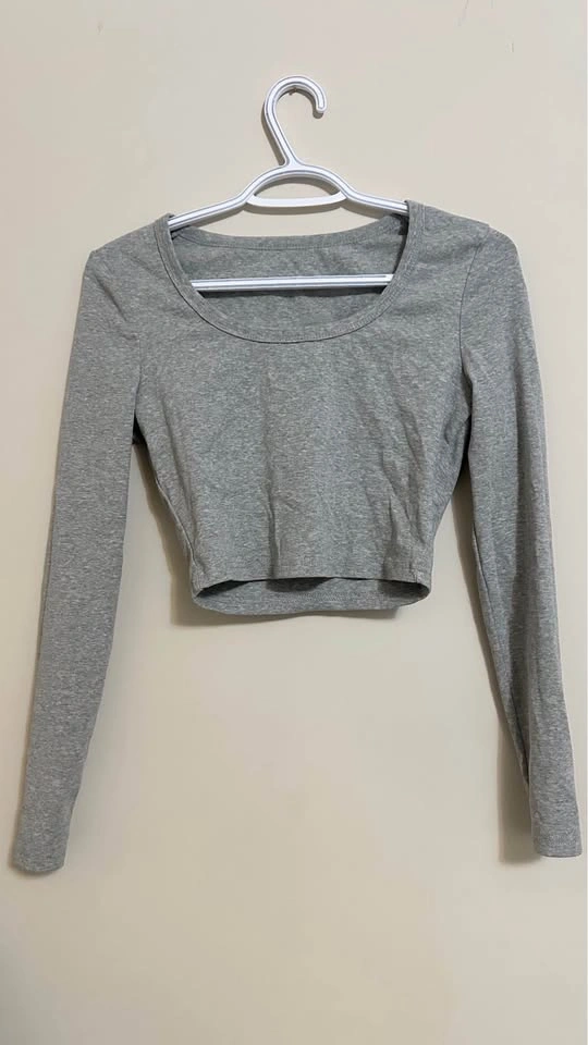 Grey Scoop Neck Long Sleeve Crop Top - photo 3