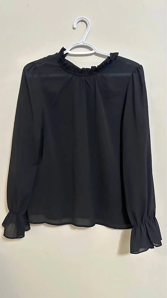 Black Ruffle Neck Long Sleeve Blouse