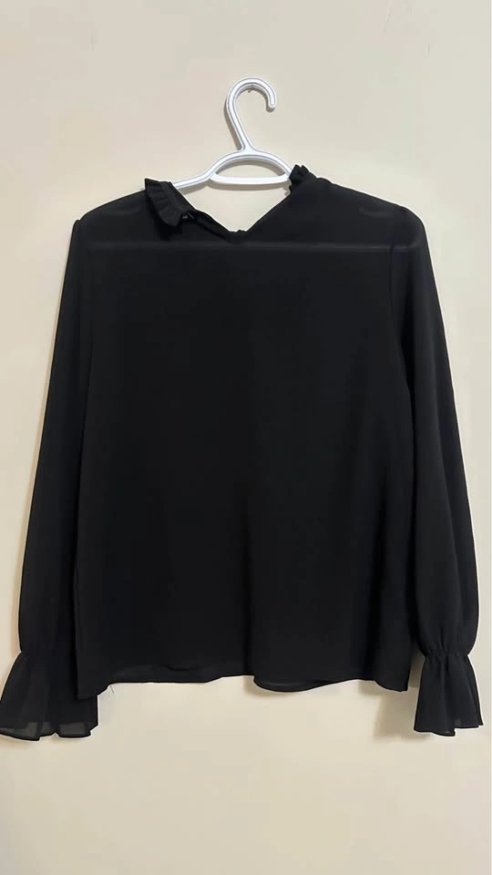 Black Ruffle Neck Long Sleeve Blouse - photo 3