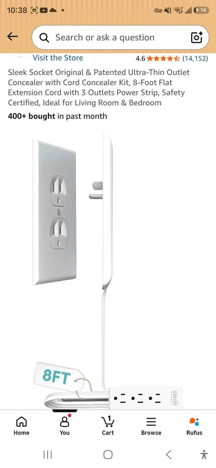 8-Foot Extension Cord, Sleek Socket Ultra-Thin Outlet Concealer - photo 2