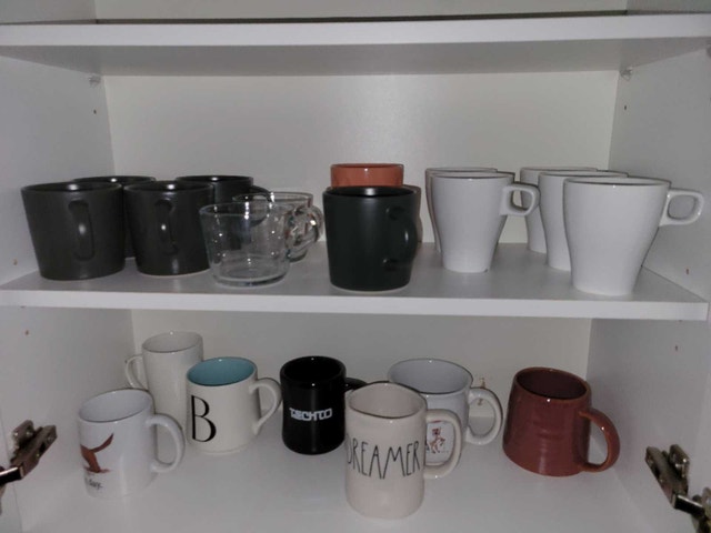 $1 each mug, cup, glasses