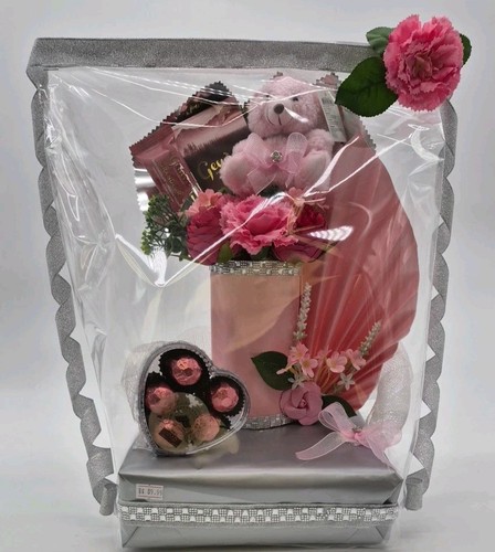 Red Flower Pink Chocolates Gift Basket