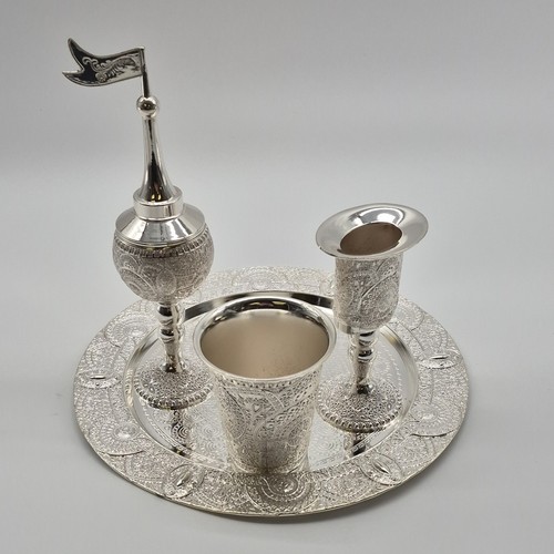Judaica Silver-Tone Cups & Plate Set Ornate Decorative Design