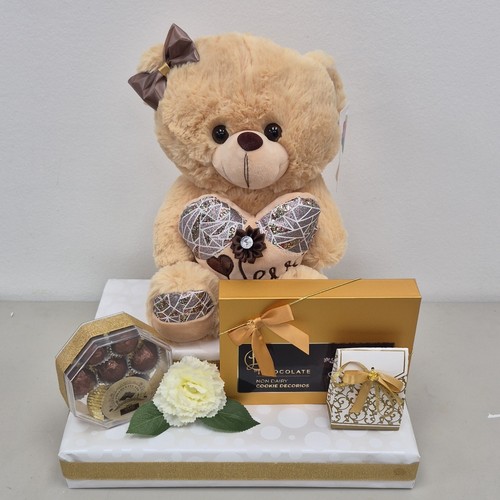 Gift Basket with Plush Bear, Chocolates, Artificial Flower & Gif