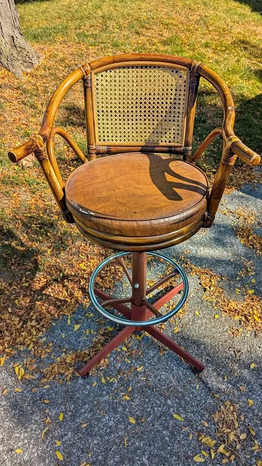 Vintage Rattan Cane-Back Swivel Bar Stool thumbnail
