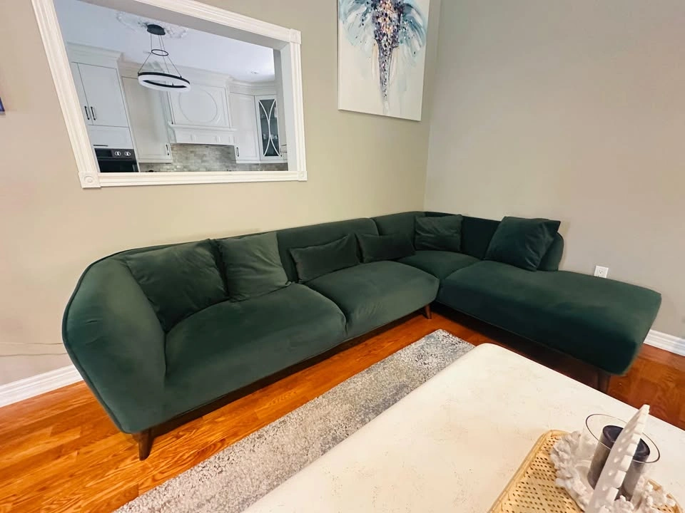 3 seater Green sofa with chaise and cushions + green accent chai - photo 3