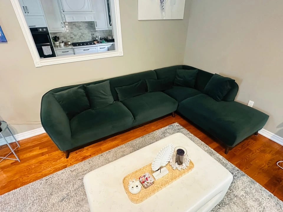 3 seater Green sofa with chaise and cushions + green accent chai - photo 4