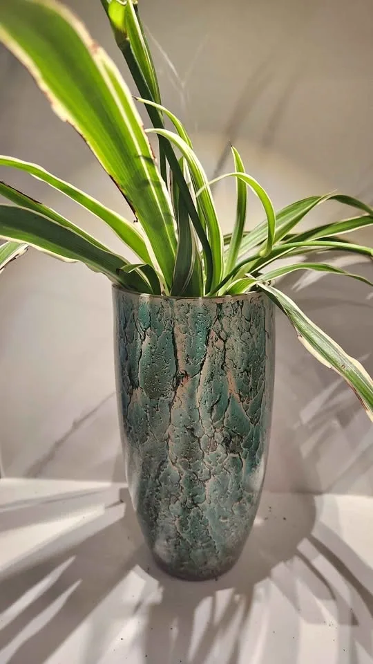 Turquoise vase upcycled into planter with plant