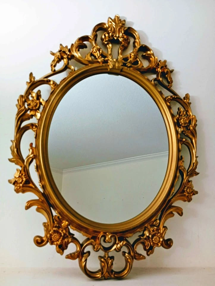 Two Vintage Ornate Gold Oval Wall Mirrors 33x23 inches