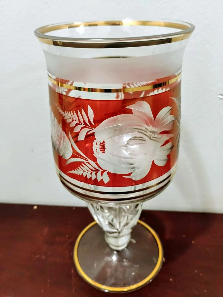 Vintage Bohemian Ruby Red Etched Glass Goblet with Gold Trim