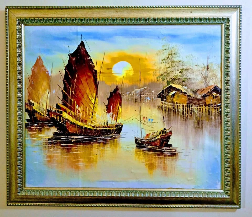 Antique Framed Sunset Boat Oil Painting 29x24