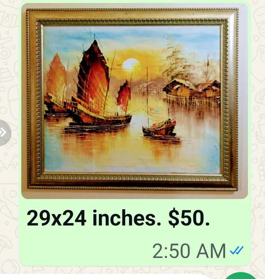 Antique Framed Sunset Boat Oil Painting 29x24 - photo 2
