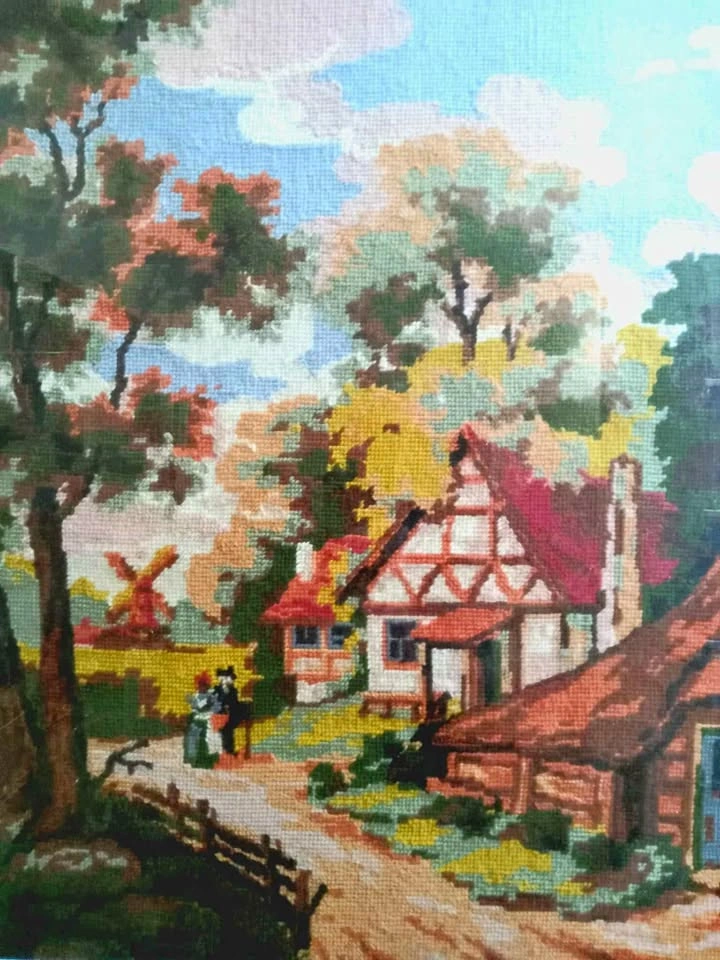 Large European Antique needlepoint, framed, glass-covered