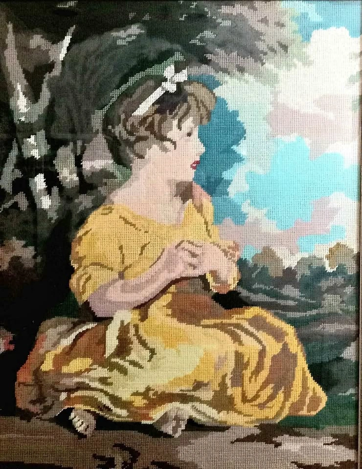 Large, gorgeous Victorian needlepoint, framed, glass-covered