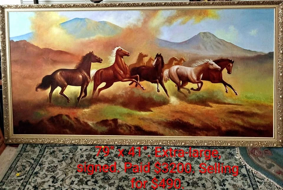 Antique oil painting of eight horses, 79"x 44"