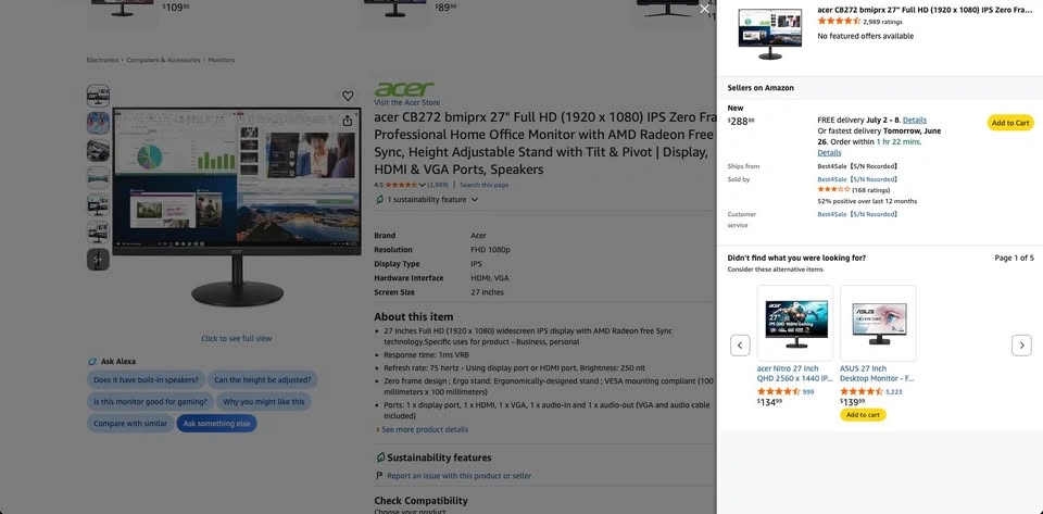 Acer 27" IPS Full HD Monitor (CB272) w/ Built-In Speakers - photo 3