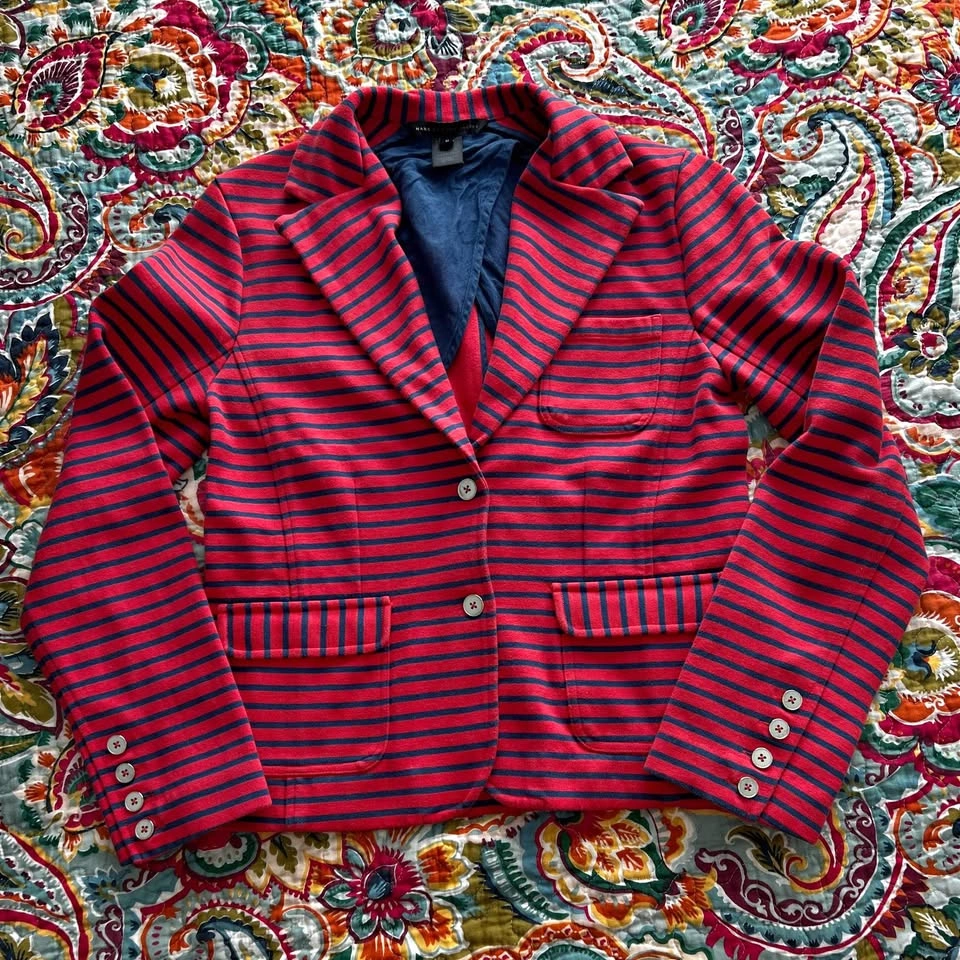 Red-Navy Striped Knit Blazer