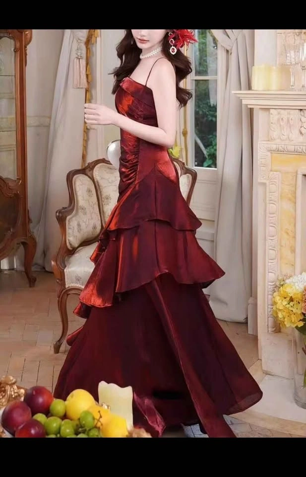 Women Elegant Chic Burgundy Prom Dress - photo 3