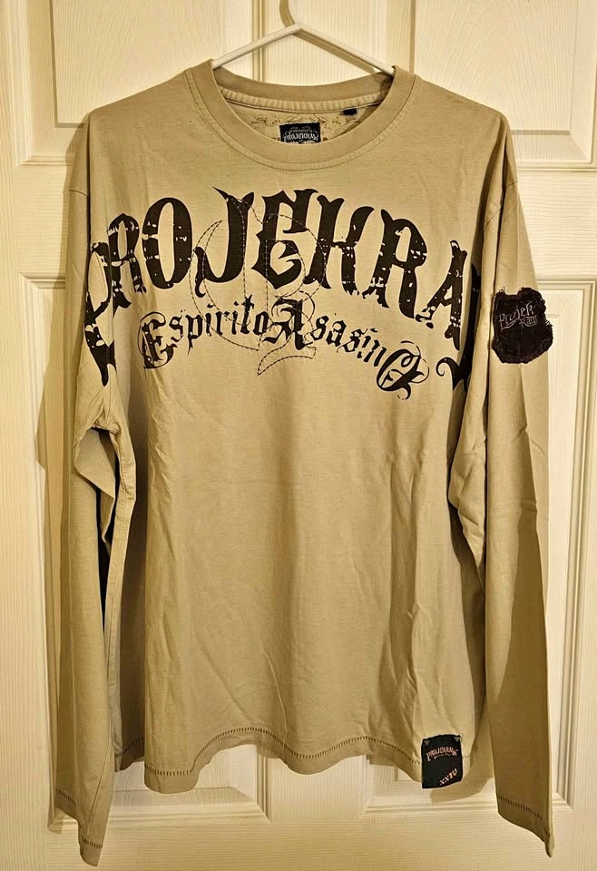 Y2K Vintage PROJEKRAW Gothic Graphic Long Sleeve Shirt - Beige