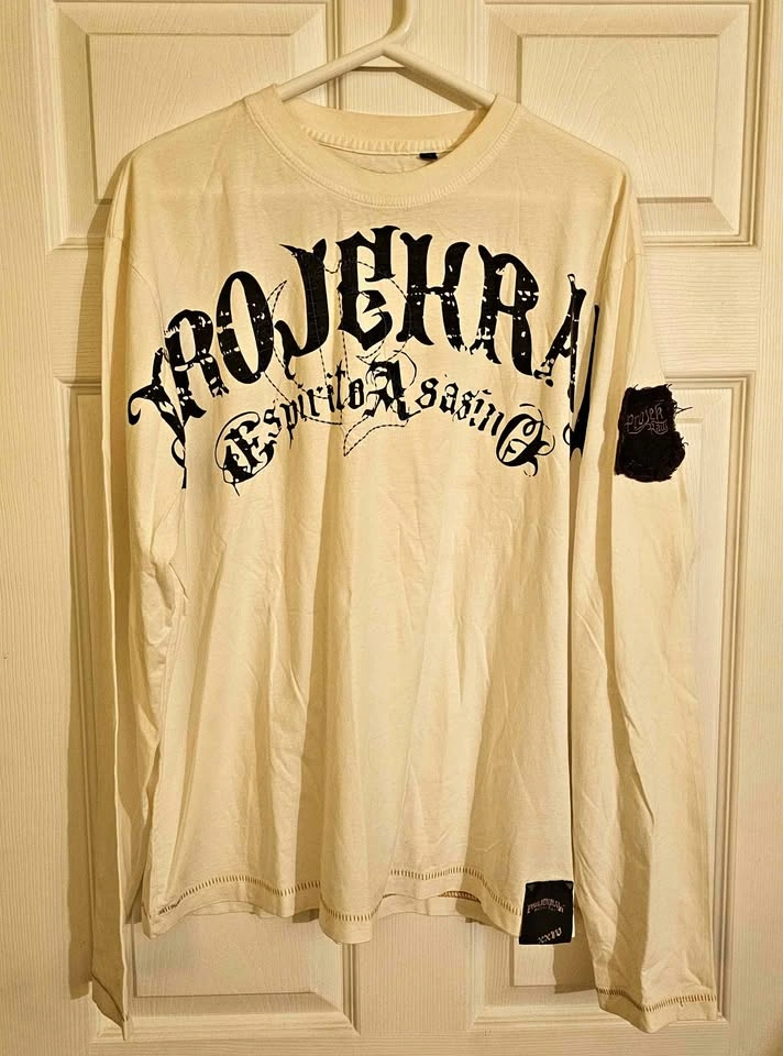 Y2K Vintage PROJEKRAW Gothic Graphic Long Sleeve Shirt - Off-Whi