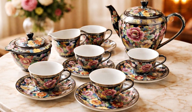 Vintage 17-Piece Hand-Painted Gold Trim Tea Set