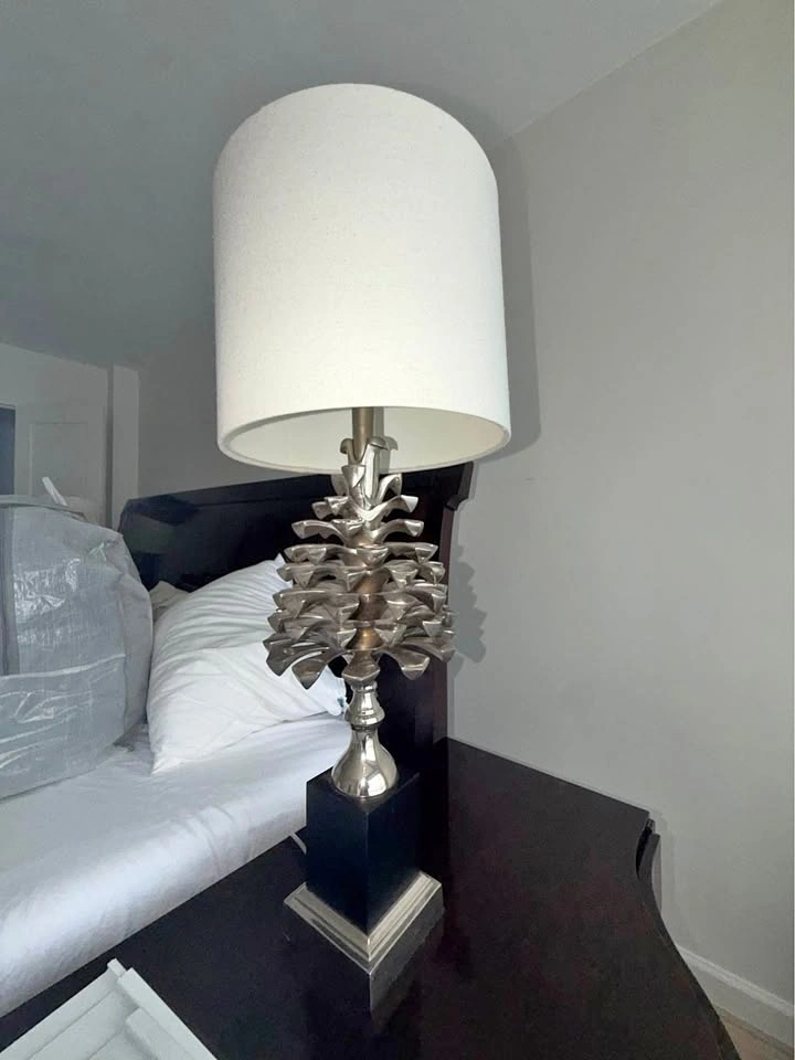 32” Silver Pinecone Table Lamp with White Drum Shade