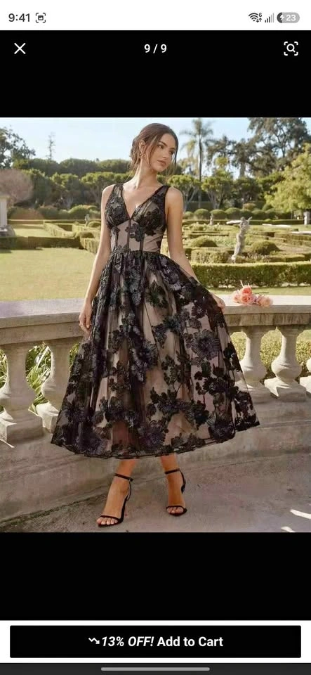 Black Floral Lace Tea-Length Prom/Wedding Guest Dress