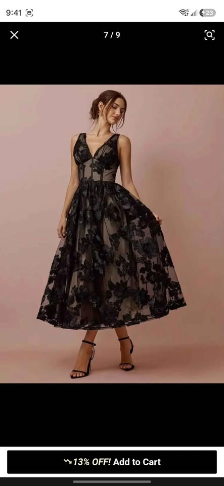 Black Floral Lace Tea-Length Prom/Wedding Guest Dress - photo 3