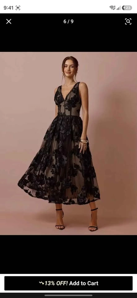 Black Floral Lace Tea-Length Prom/Wedding Guest Dress - photo 4
