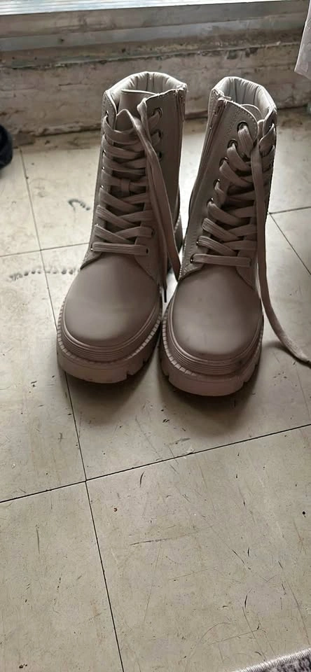 Beige Platform Lace-Up Combat Boots with Side Zip