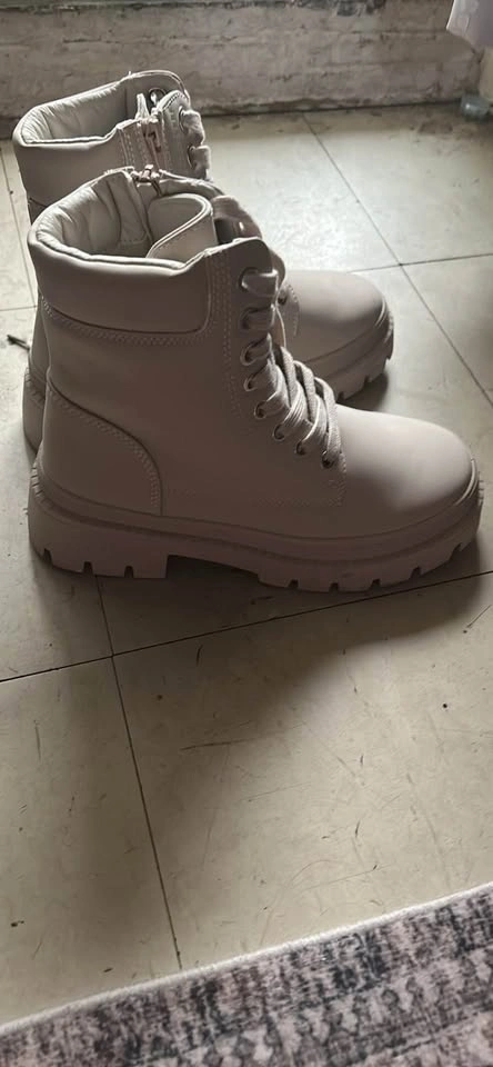 Beige Platform Lace-Up Combat Boots with Side Zip - photo 2