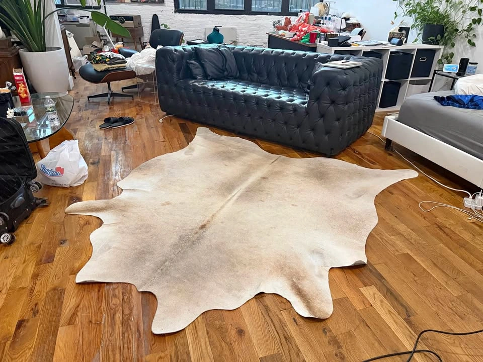 Large Grey with Beige Brazilian Cowhide Rug 7'3"H x 6'11"W