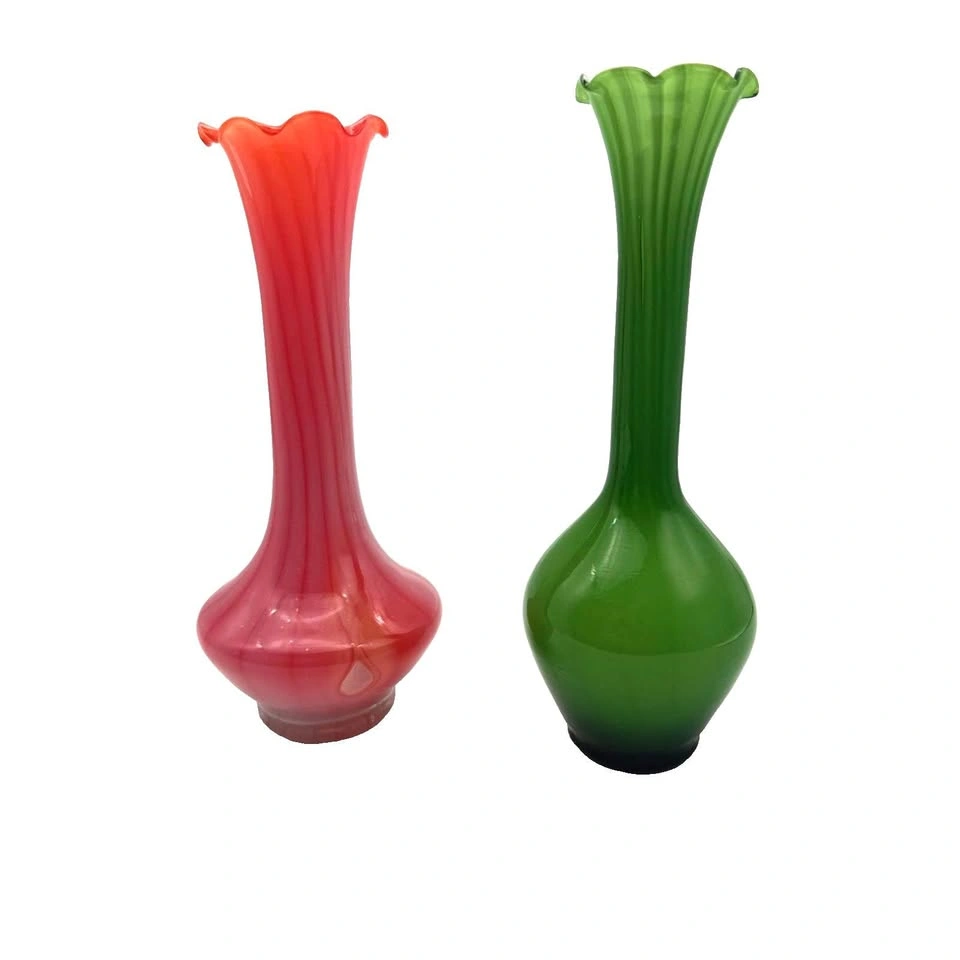 Vintage MCM Cased Glass Ruffled Bud Vases Pink & Green Pair