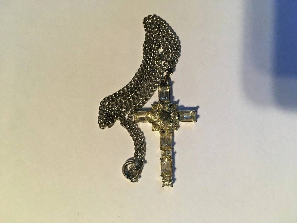 STANHOPE LENS VINTAGE RHINESTONE CROSS LORDS PRAYER NECKLACE