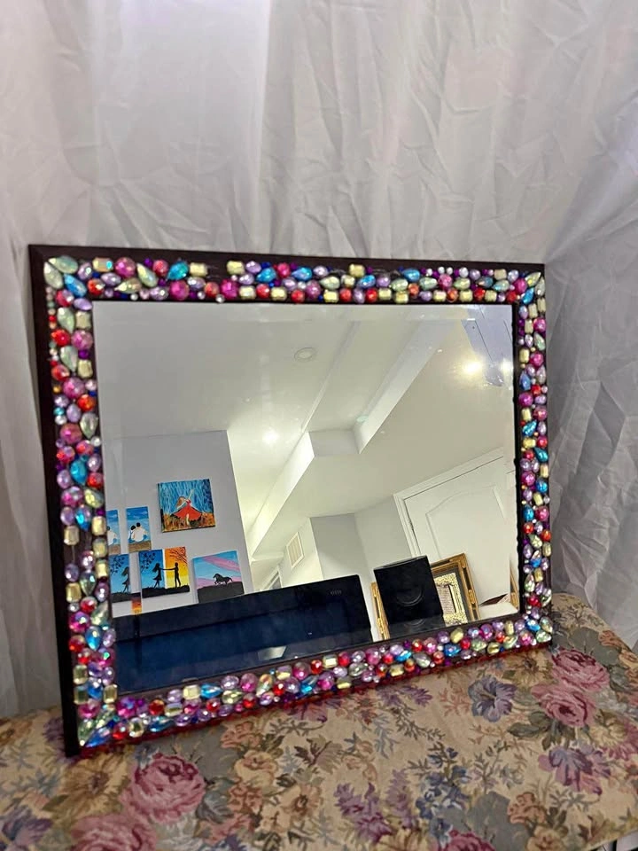 Large Jewel Beveled Wall Mirror – Colorful Rhinestone Gem Frame