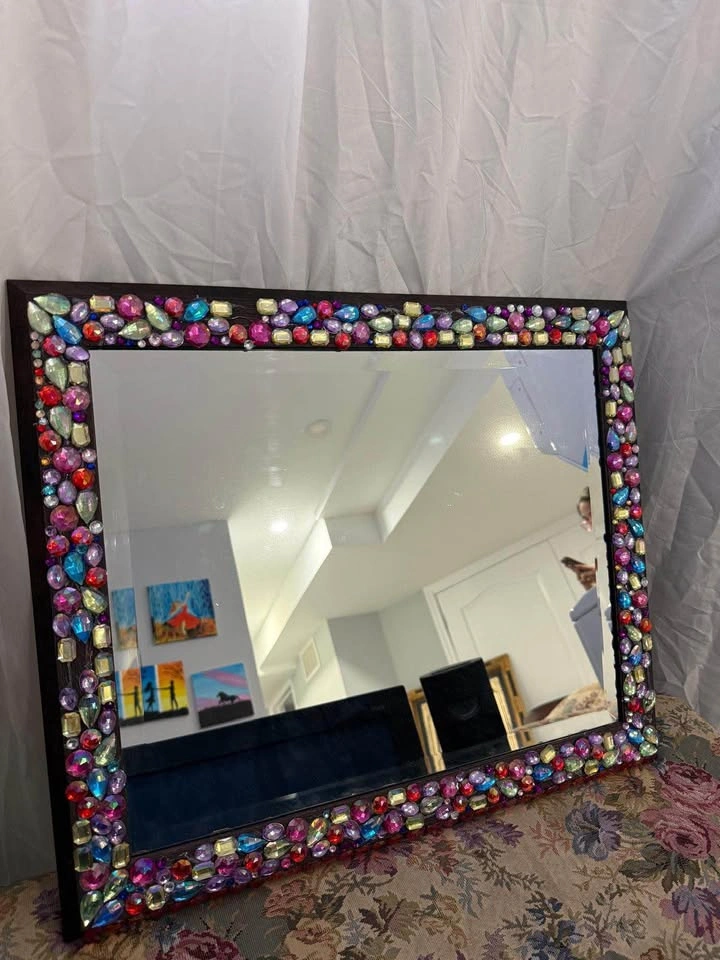 Large Jewel Beveled Wall Mirror – Colorful Rhinestone Gem Frame - photo 2