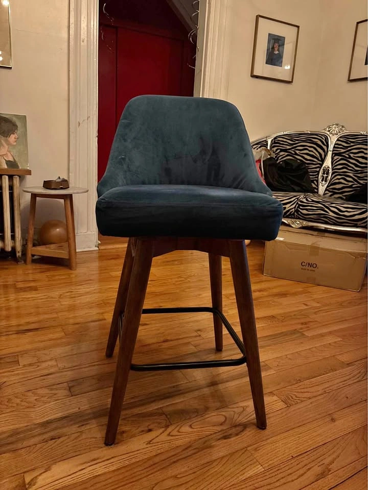 Mid century West Elm Counter Stool, teal velvet, wood legs