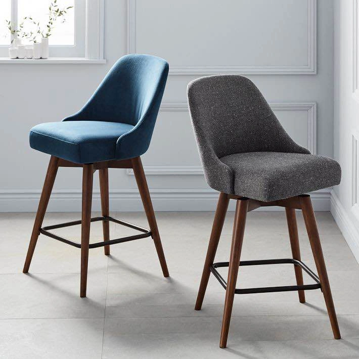 Mid century West Elm Counter Stool, teal velvet, wood legs - photo 2