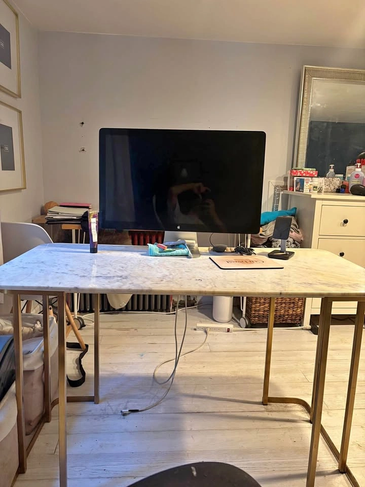 West Elm Marble Top Desk with Gold Frame and chair