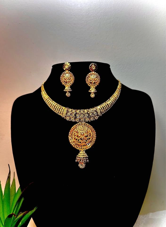 Traditional Gold-Tone Indian Jewelry Set - Necklace and Earrings