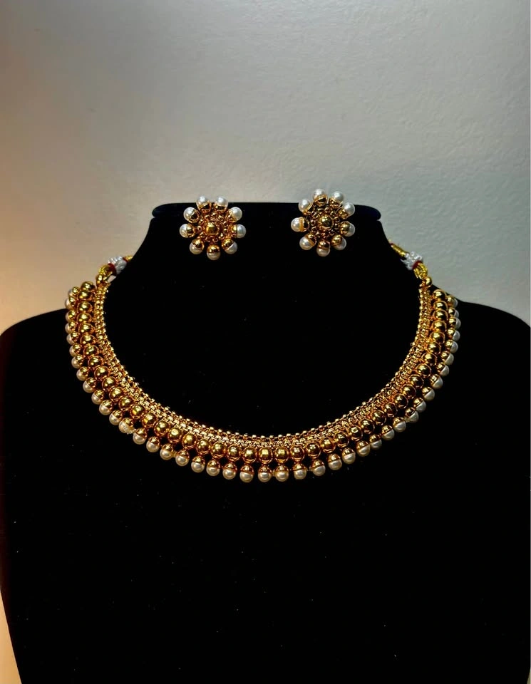 Indian Gold-Tone Pearl Choker Necklace and Earring Set - photo 2