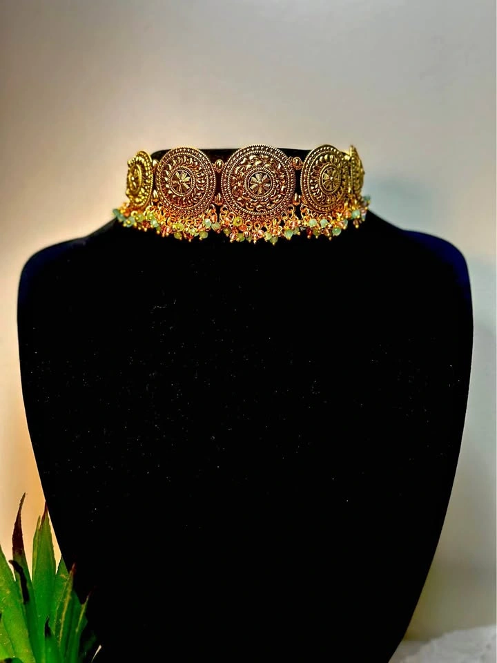 Gold-Toned Indian Choker Jewelry Set with Jhumka Earrings