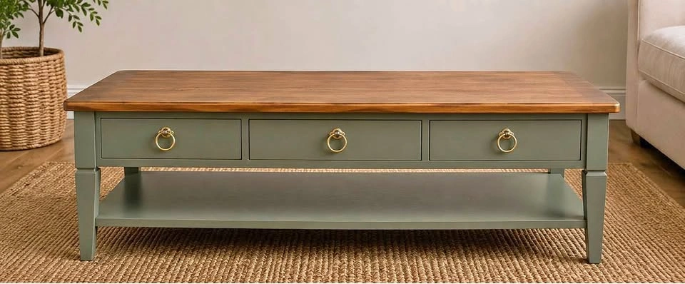 Refinished Solid Wood Coffee Table | Olive Green & Warm Wood