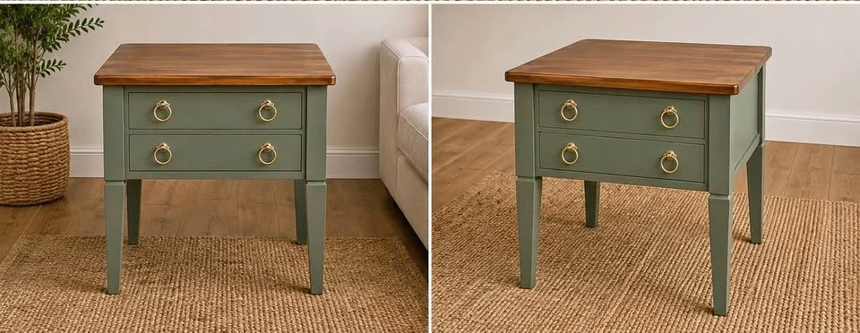 Pair of Refinished Wood Side Tables / Nightstands | Olive Green - photo 2