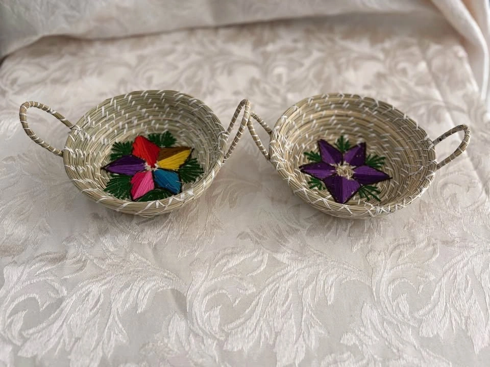 Pair of Hand-Woven Straw Baskets with Embroidered Flowers