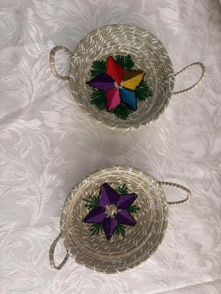 Pair of Hand-Woven Straw Baskets with Embroidered Flowers - photo 2